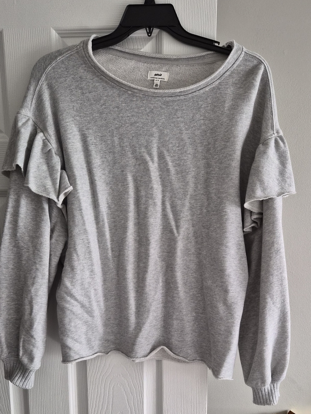 aerie Heather Gray Ruffle-Sleeve Crewneck Sweatshirt